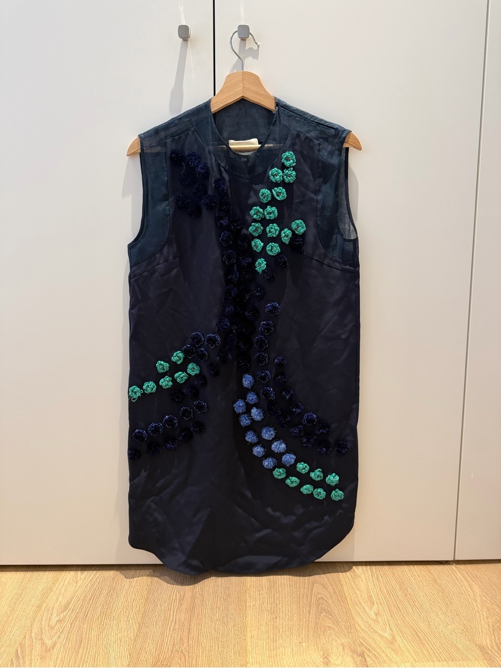 3.1 Phillip Lim Navy Sleeveless Midi Dress with Blue & Teal Floral Appliqués